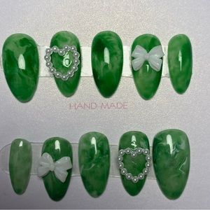 Green Marble Pressed On Nails